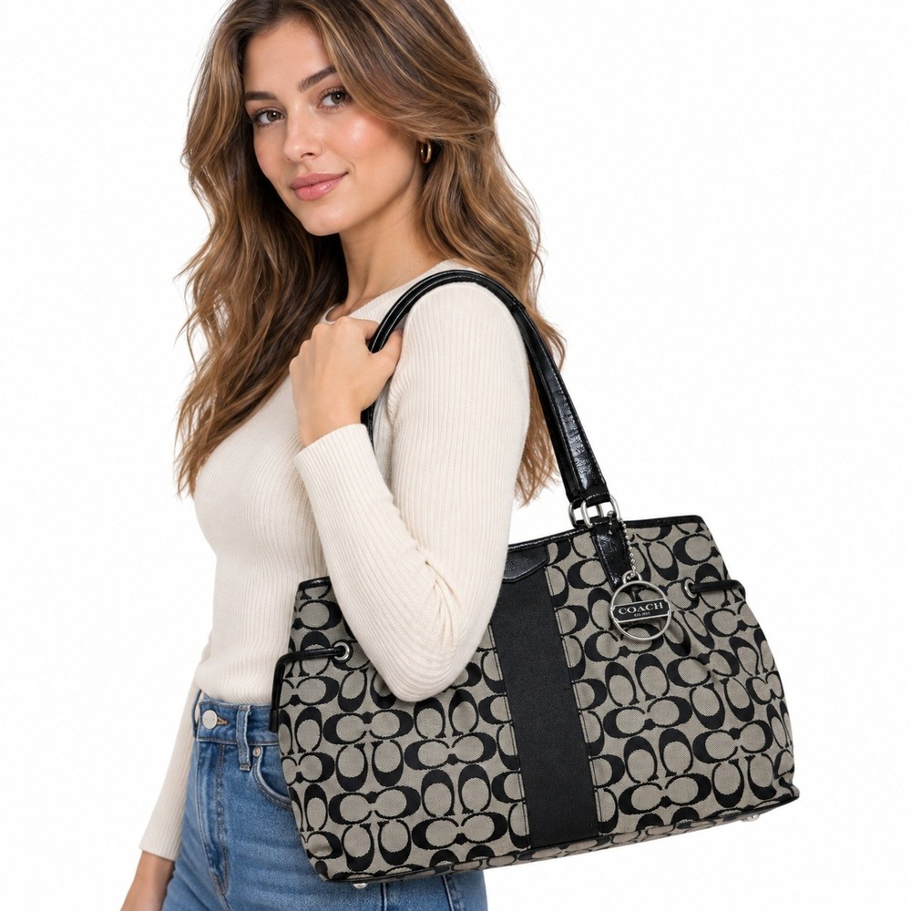 Coach Signature Stripe Drawstring Carryall Black Jacquard Shoulder Bag Flawed